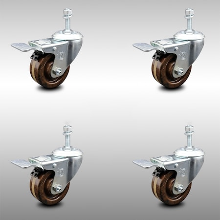 Service Caster 3 Inch SS High Temp Phenolic 10mm Threaded Stem Caster Set Total Lock Brake SCC-SSTSTTL20S314-PHSHT-M1015-4